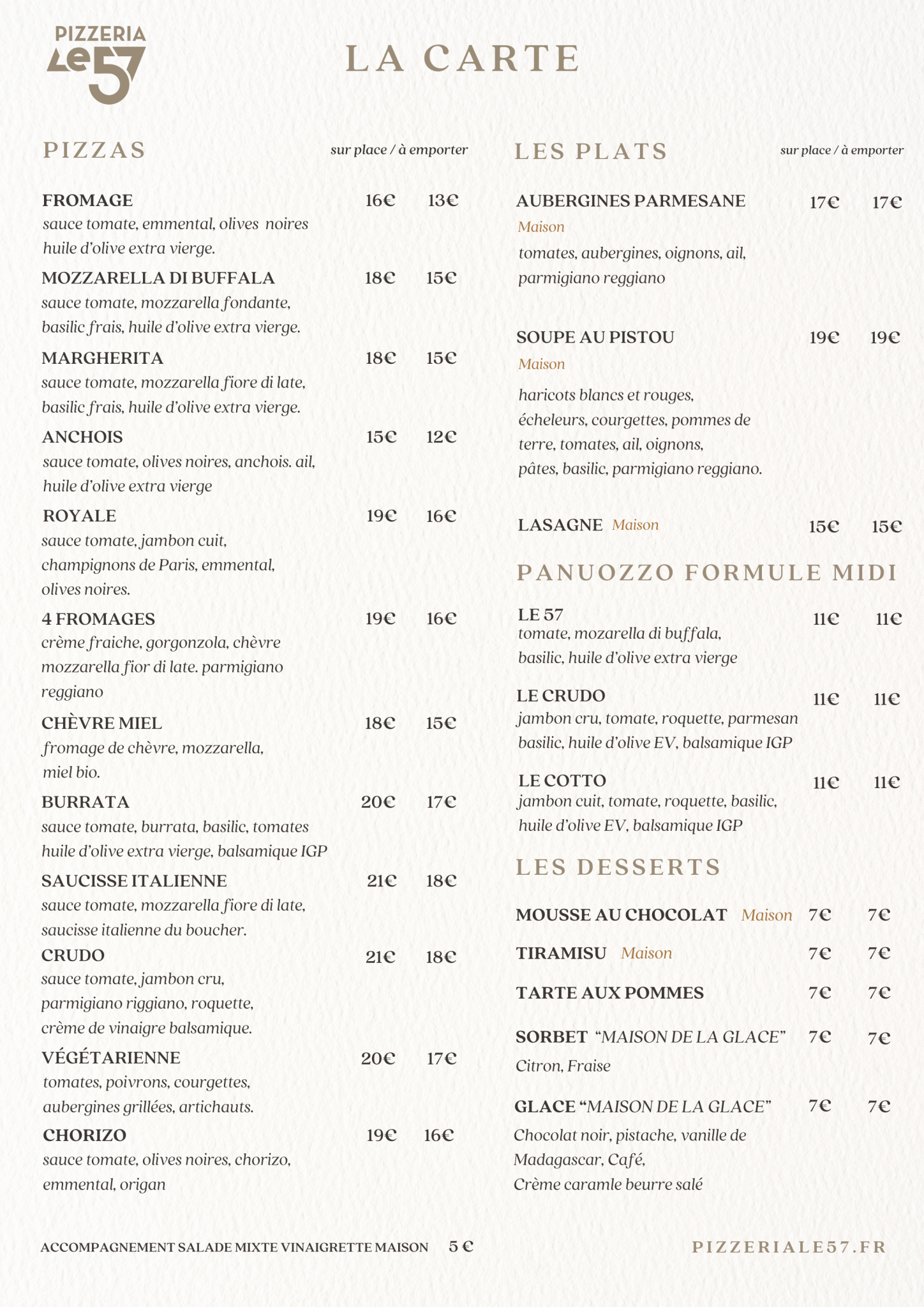 Carte Pizzeria le 57 Marseille